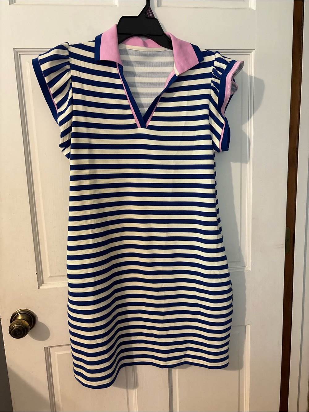 Women’s Navy and White Stripe Polo Dress with Pink Trim